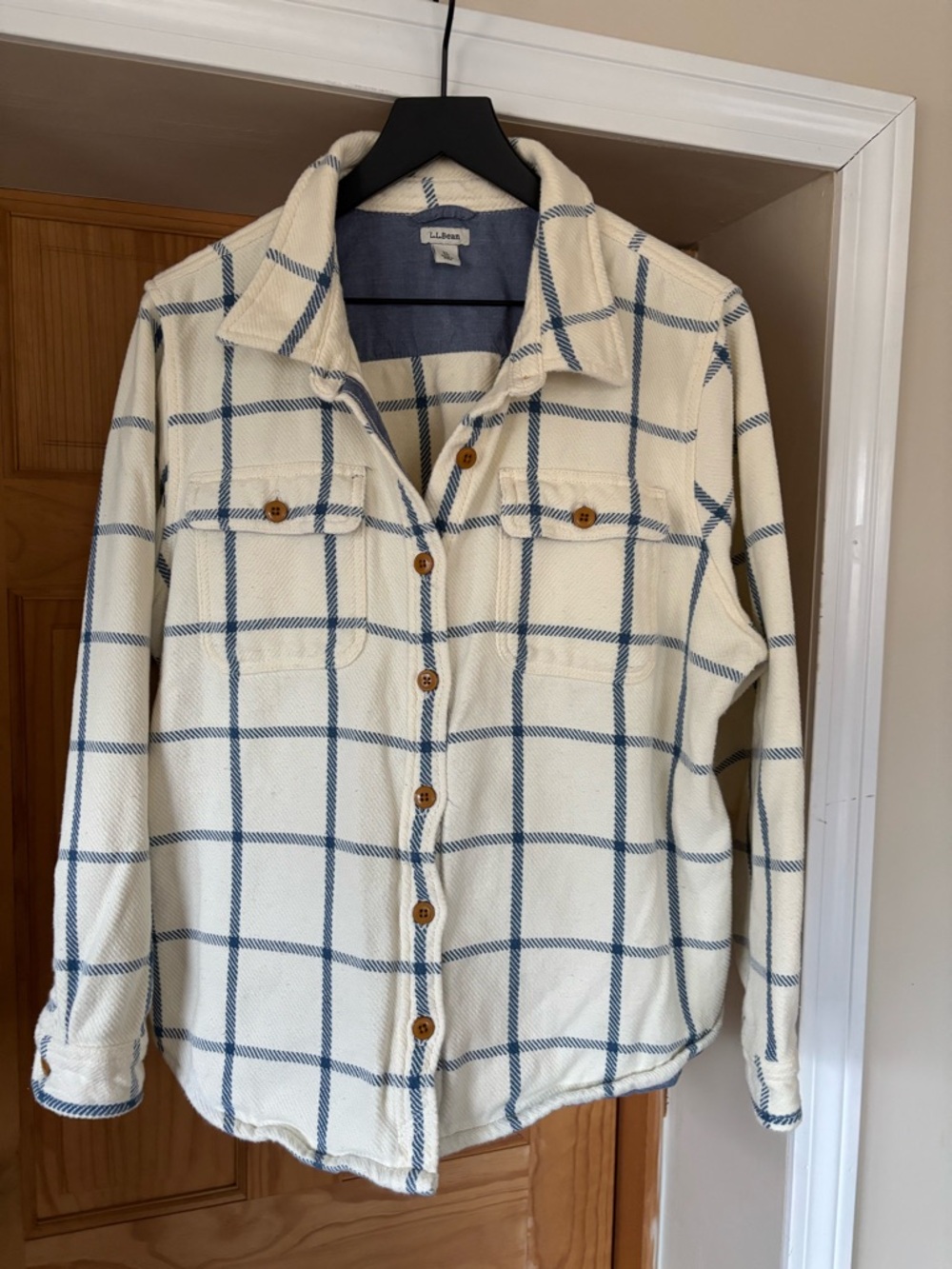 LL BEAN 1912 Overshirt,Women’s Heavyweight Flannel Cream/Blue Plaid,Relaxed,XLP